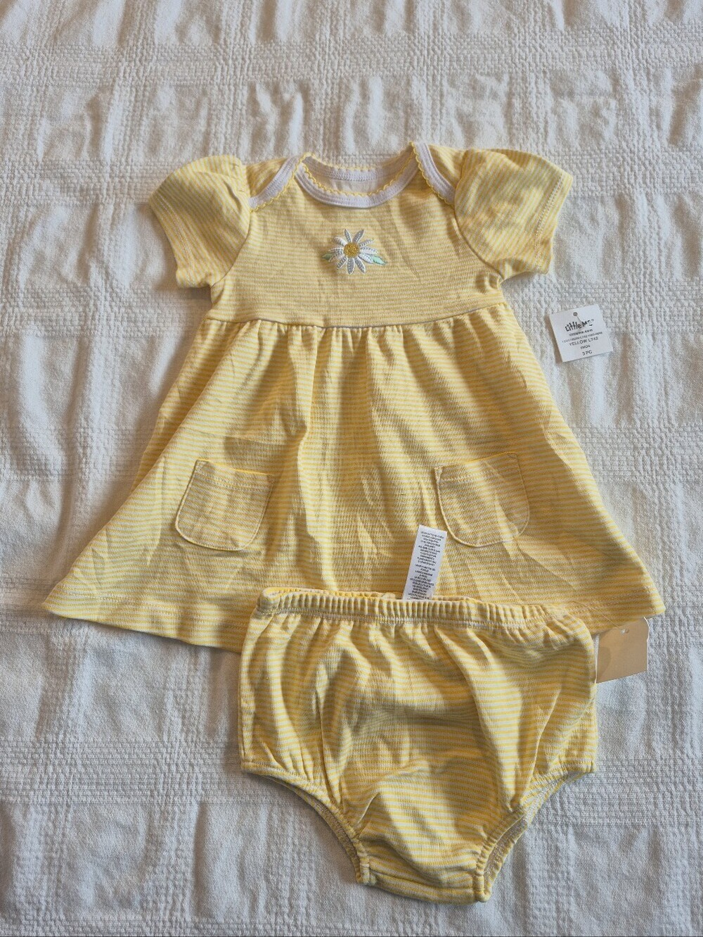 Little Me girls 6 months dress yellow & white striped with flower drsign NWT